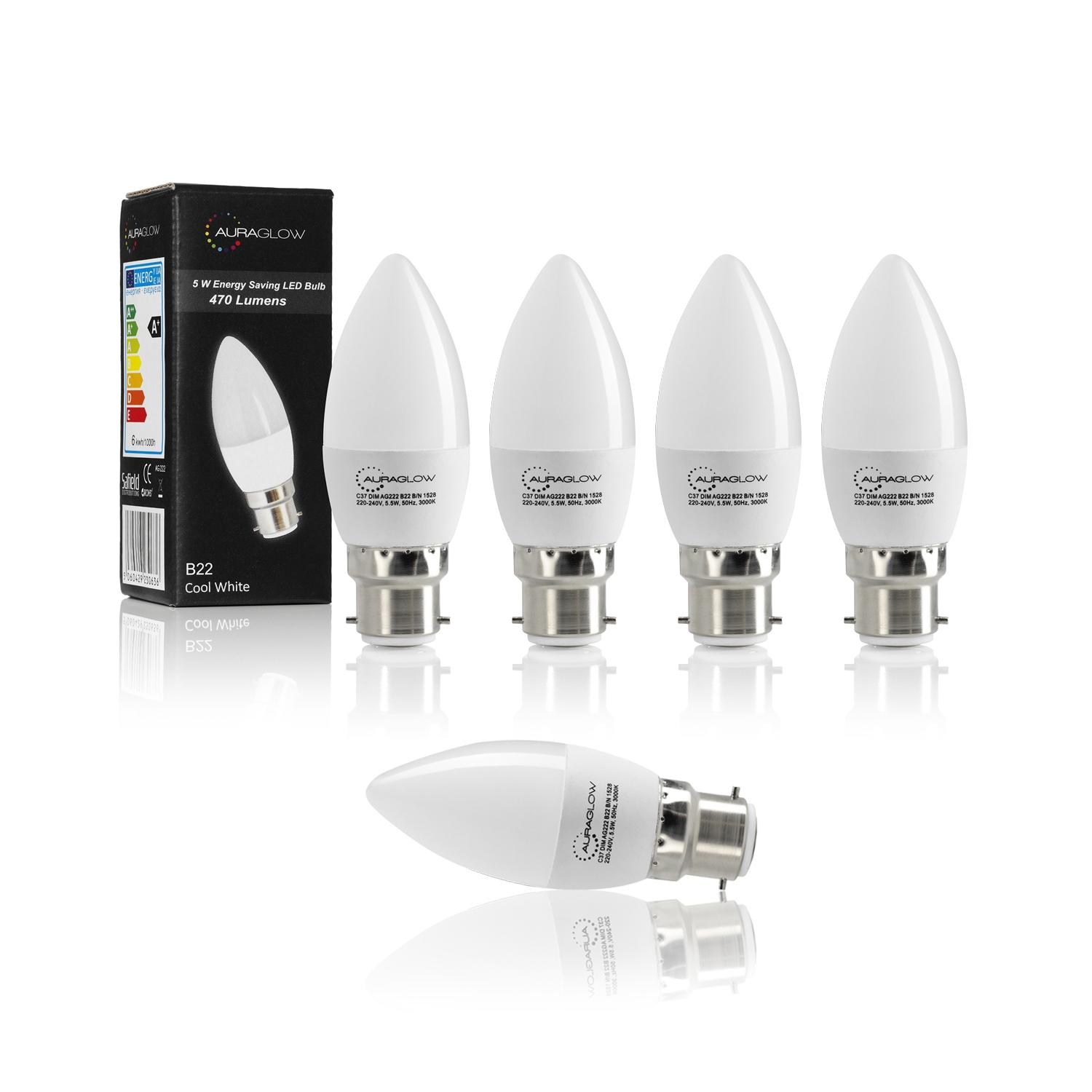 AURAGLOW 5w LED B22 Candle Light Bulb, Cool White 40w EQV 5 Pack