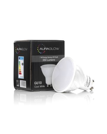 AURAGLOW Super Bright 7w LED GU10 Light Bulb, Daylight Cool White 6500k - RETROFIT - 550 lumen - 70w EQV.1