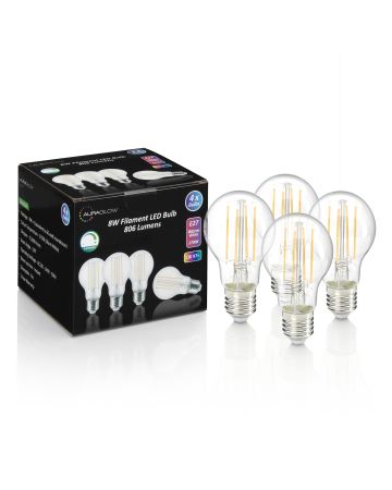 Auraglow 8W Filament LED E27 Bulb Warm White – Pack of 4
