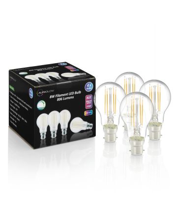 Auraglow 8W Filament LED B22 Bulb Warm White – Pack of 4