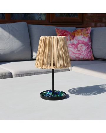 Auraglow Solar Rattan-Style Outdoor Table Lamp With Crackle Glass Bulb