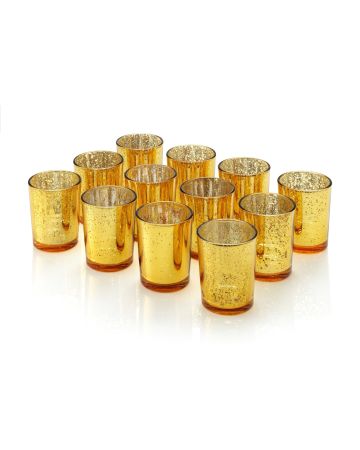 Set of 12 Mercury Glass Votive Candle Tealight Holders - GOLD