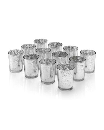 Set of 12 Mercury Glass Votive Candle Tealight Holders - SILVER